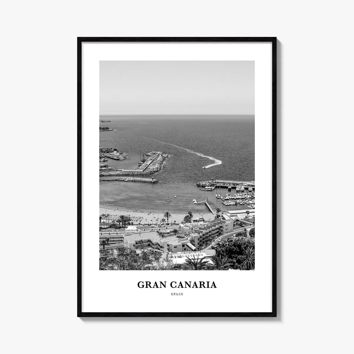 Gran Canaria black & white classic poster of Spain – vertical wall art, unframed print shown in interior mockup