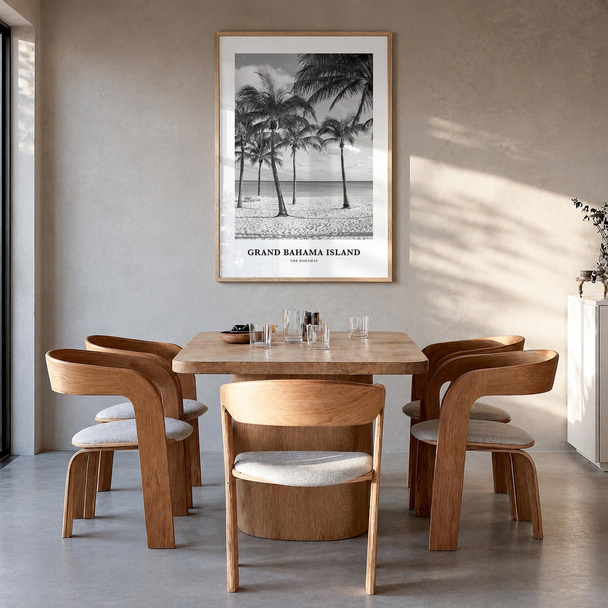 Grand Bahama Island black & white classic poster of The Bahamas – vertical wall art in natural wood frame, hanging on wall