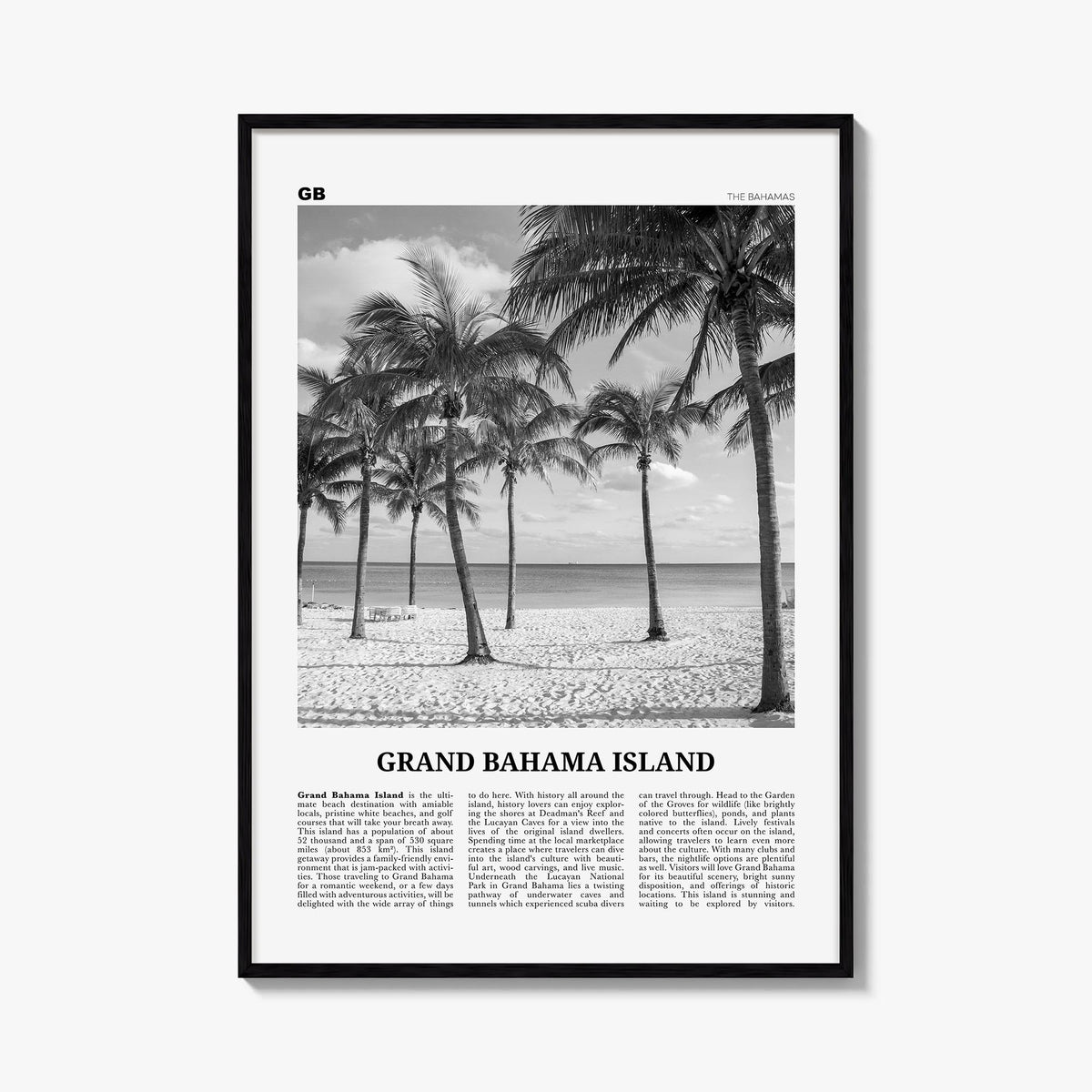 Grand Bahama Island black & white newspaper poster of The Bahamas – vertical wall art, unframed print shown in interior mocku