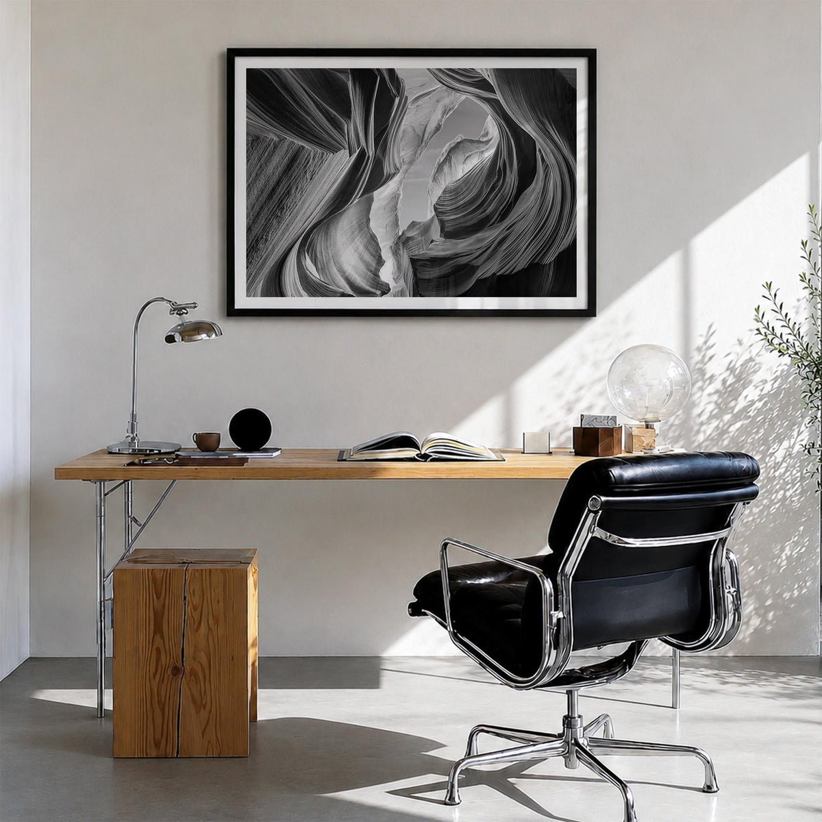 Grand Canyon black & white photo poster of Arizona, USA – horizontal wall art in black wood frame with white border, hanging