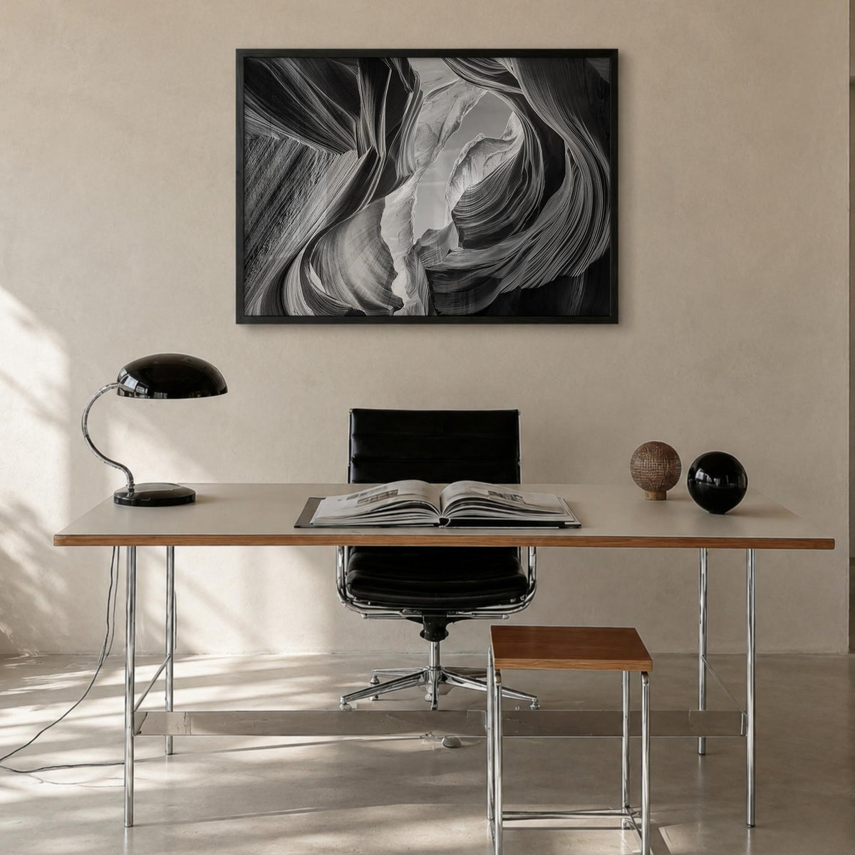 Grand Canyon black & white photo poster of Arizona, USA – horizontal wall art in black wood frame, hanging on wall