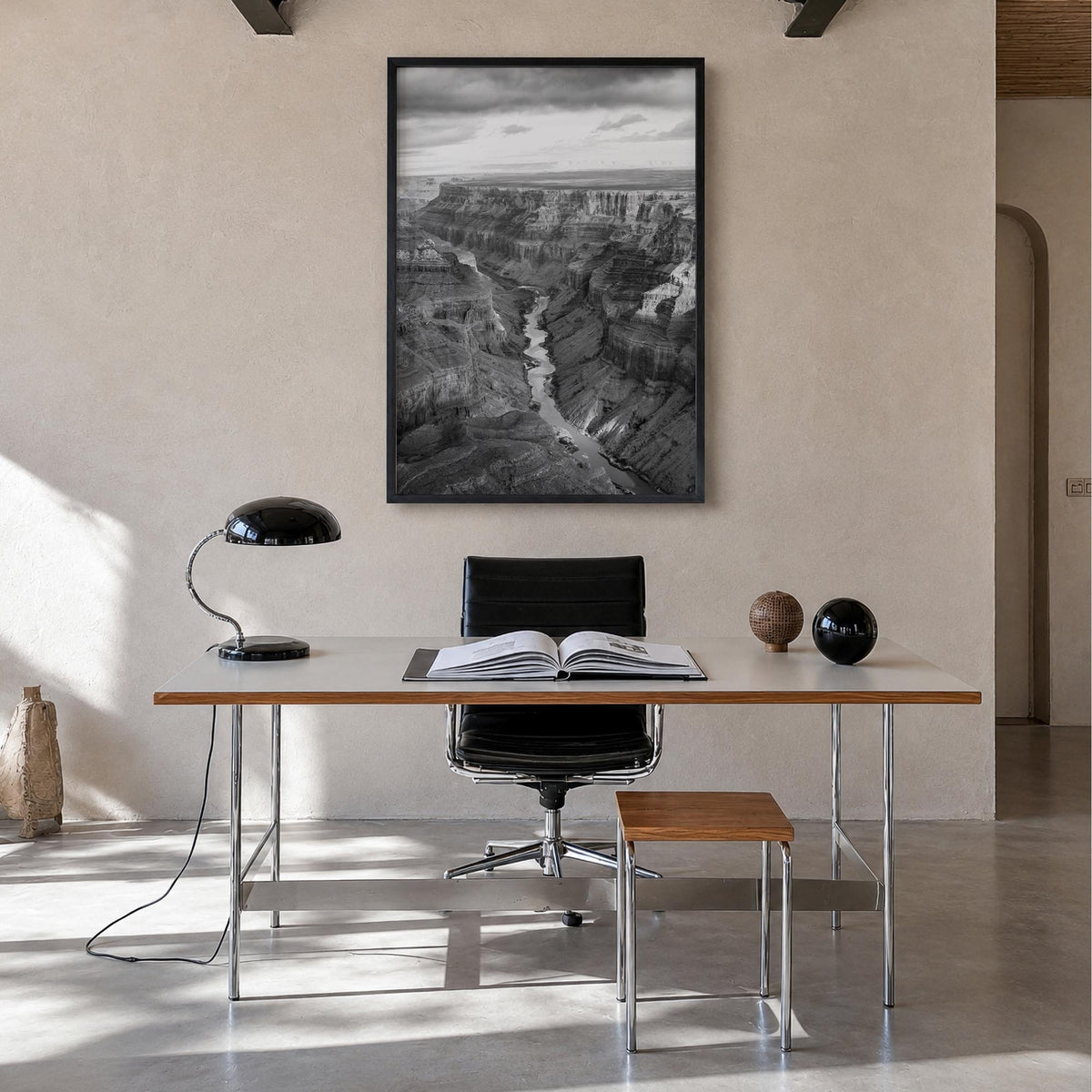 Grand Canyon black & white photo poster of Arizona, USA – vertical wall art in black wood frame, hanging on wall