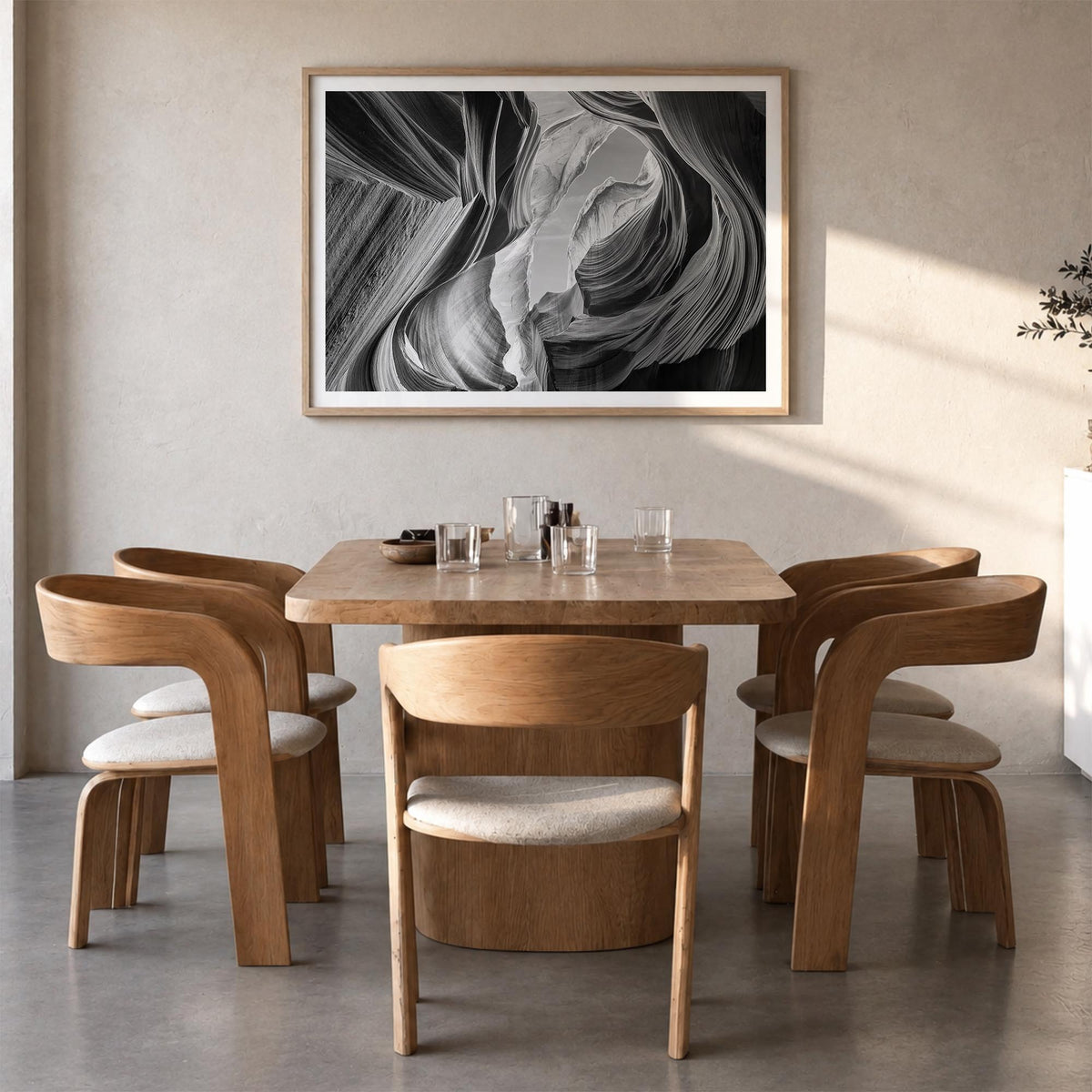 Grand Canyon black & white photo poster of Arizona, USA – horizontal wall art in natural wood frame with white border, hangin