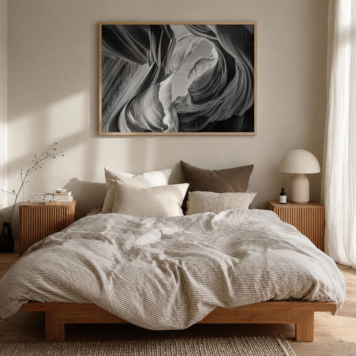 Grand Canyon black & white photo poster of Arizona, USA – horizontal wall art in natural wood frame, hanging on wall