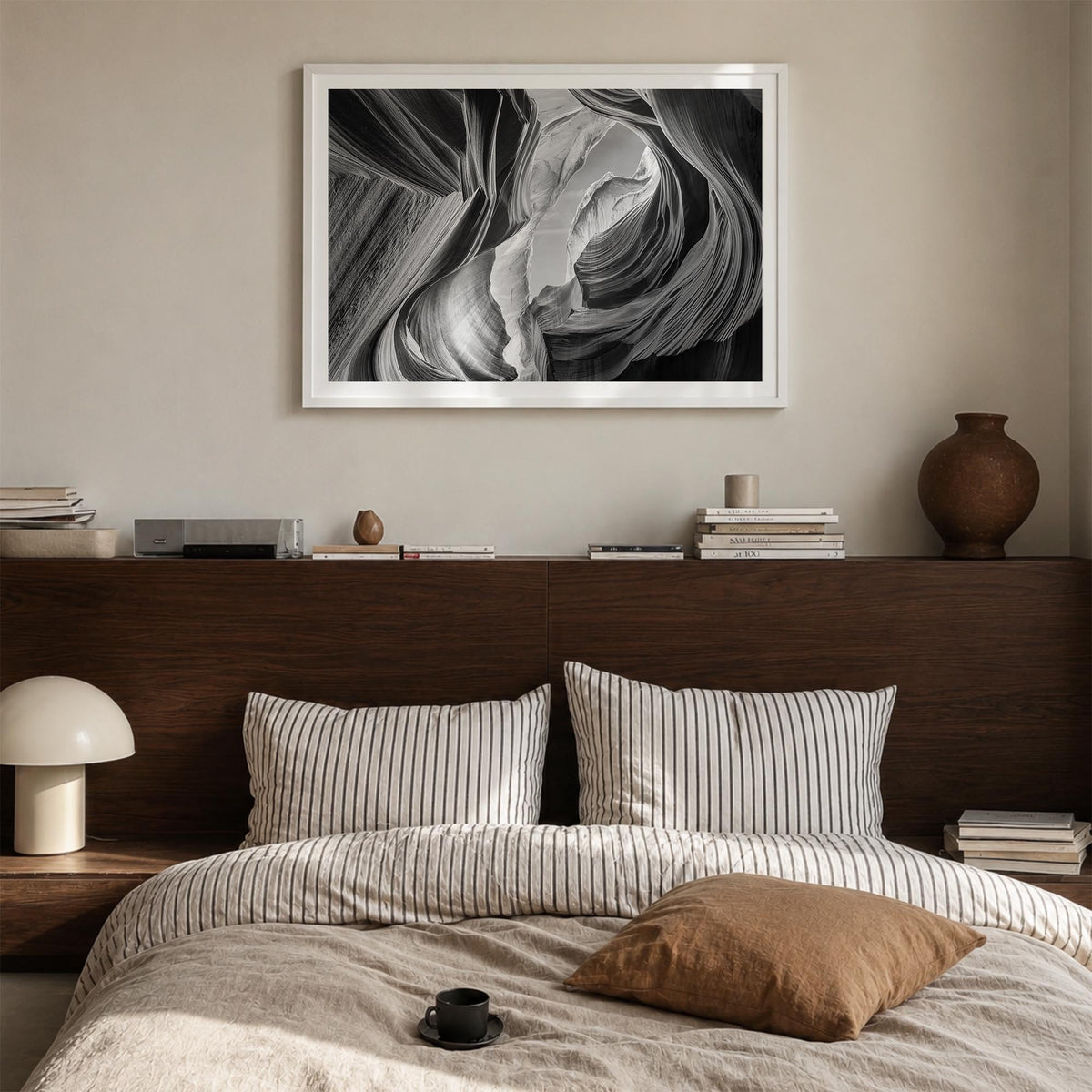 Grand Canyon black & white photo poster of Arizona, USA – horizontal wall art in white wood frame with white border, hanging