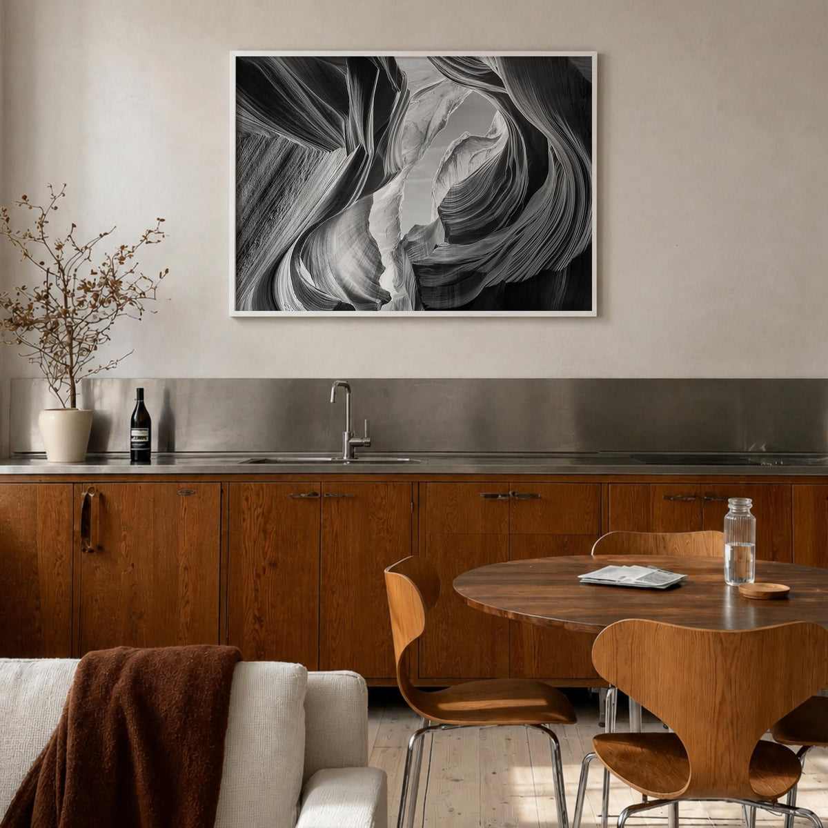 Grand Canyon black & white photo poster of Arizona, USA – horizontal wall art in white wood frame, hanging on wall