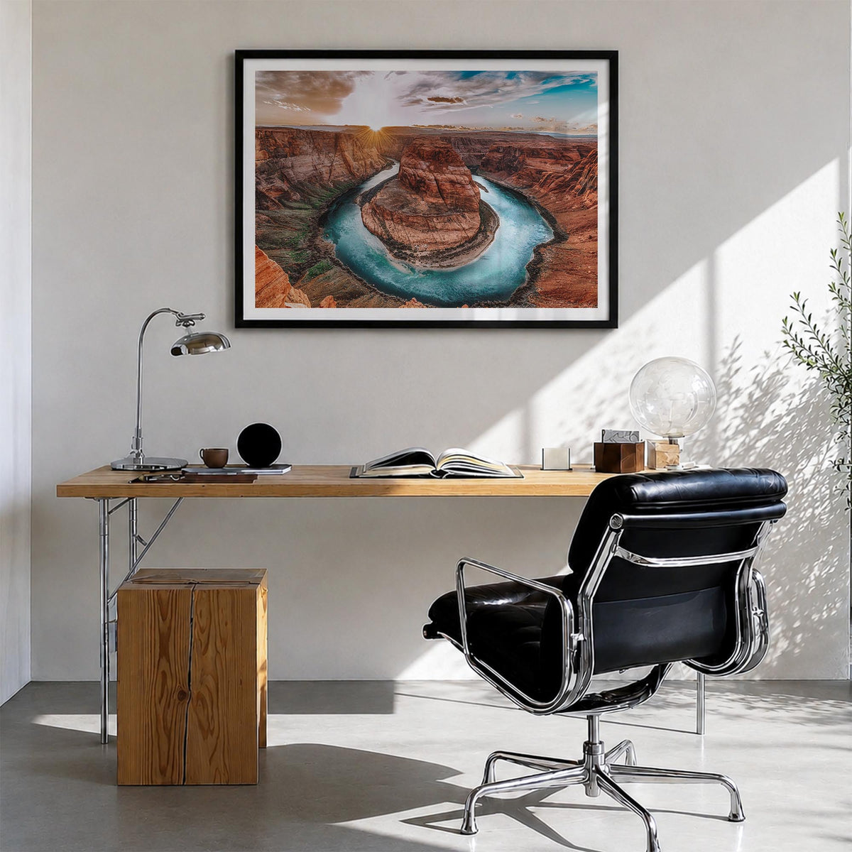 Grand Canyon colorful photo poster of Arizona, USA – horizontal wall art in black wood frame with white border, hanging on wa