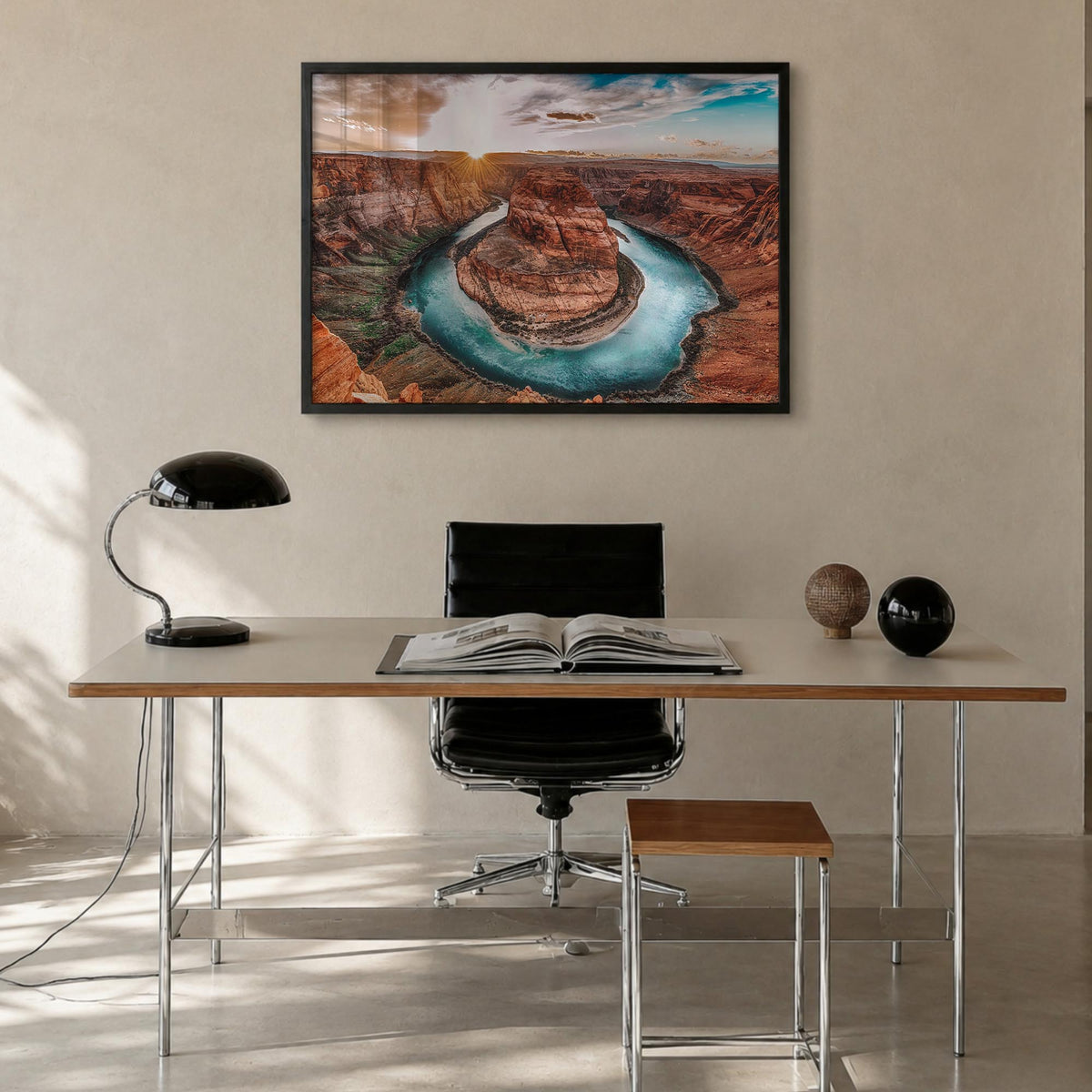 Grand Canyon colorful photo poster of Arizona, USA – horizontal wall art in black wood frame, hanging on wall