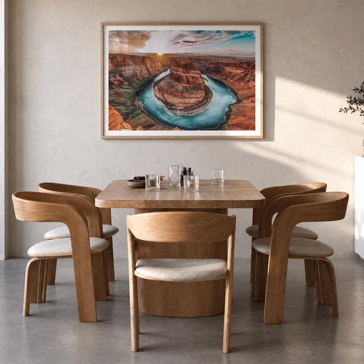 Grand Canyon colorful photo poster of Arizona, USA – horizontal wall art in natural wood frame with white border, hanging on