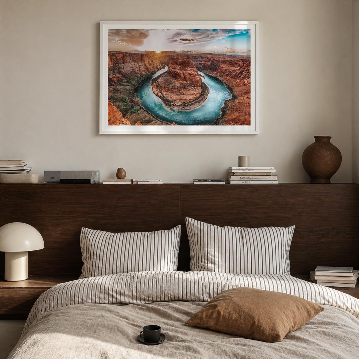 Grand Canyon colorful photo poster of Arizona, USA – horizontal wall art in white wood frame with white border, hanging on wa