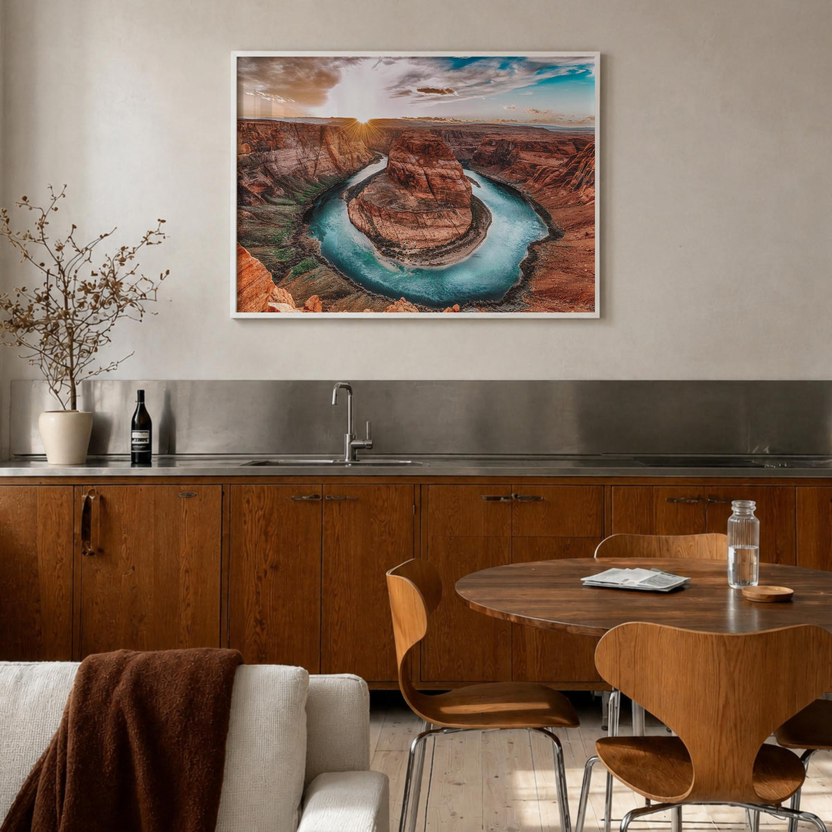 Grand Canyon colorful photo poster of Arizona, USA – horizontal wall art in white wood frame, hanging on wall
