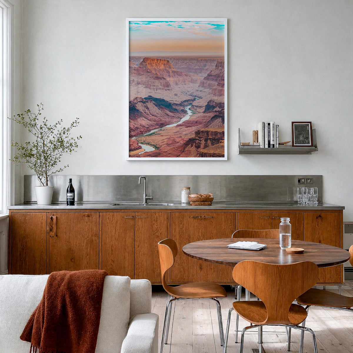 Grand Canyon no. 1 colorful photo poster of Arizona, USA – vertical wall art in white wood frame, hanging on wall