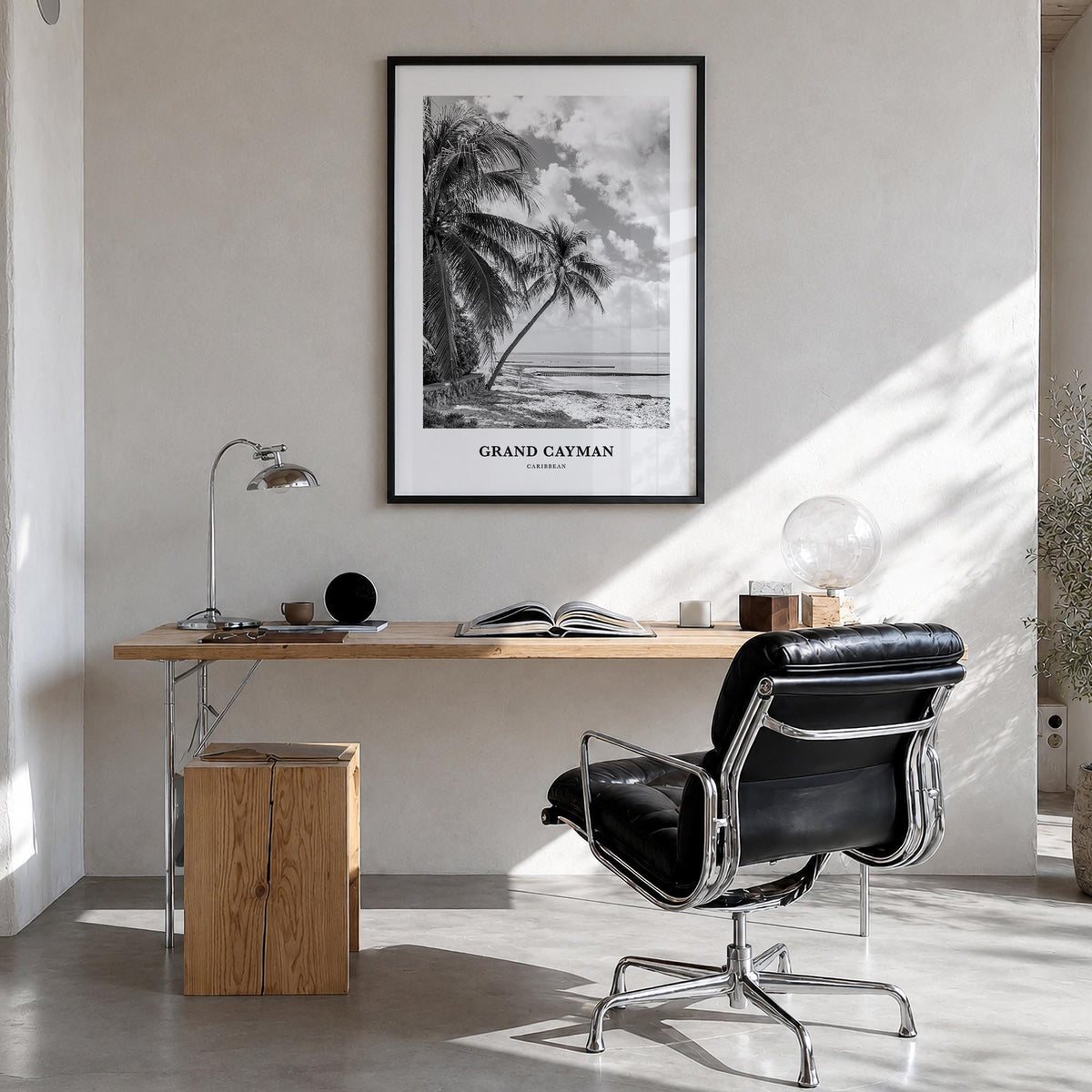 Grand Cayman black & white classic poster of Cayman Islands – vertical wall art in black wood frame, hanging on wall