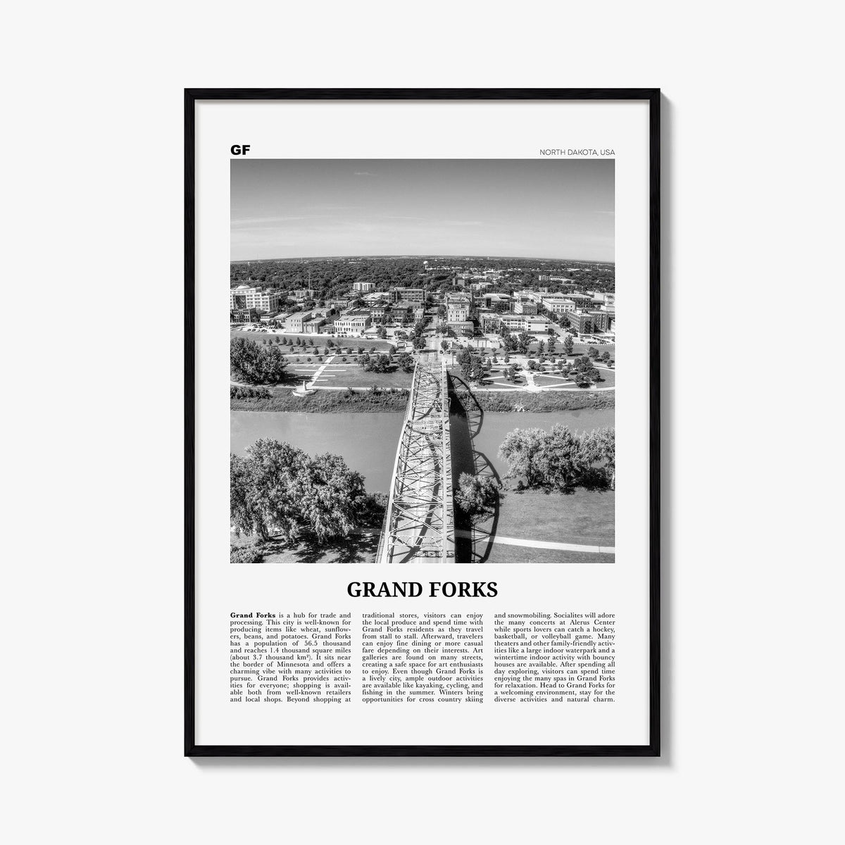 Grand Forks black & white newspaper poster of North Dakota, USA – vertical wall art, unframed print shown in interior mockup