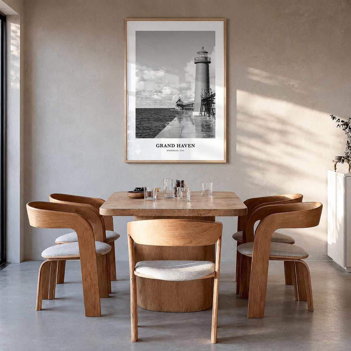 Grand Haven black & white classic poster of Michigan, USA – vertical wall art in natural wood frame, hanging on wall