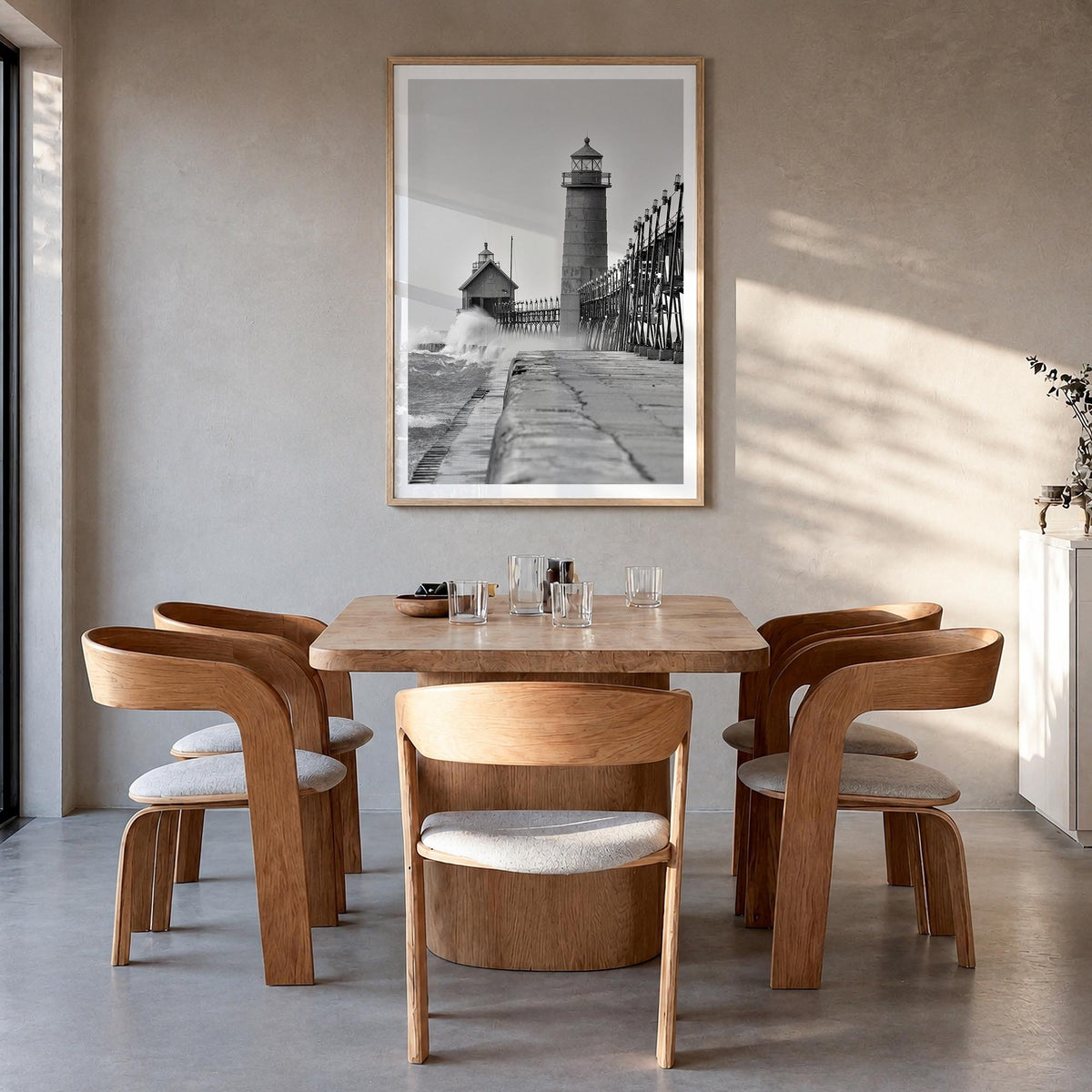 Grand Haven black & white photo poster of Michigan, USA – vertical wall art in natural wood frame with white border, hanging