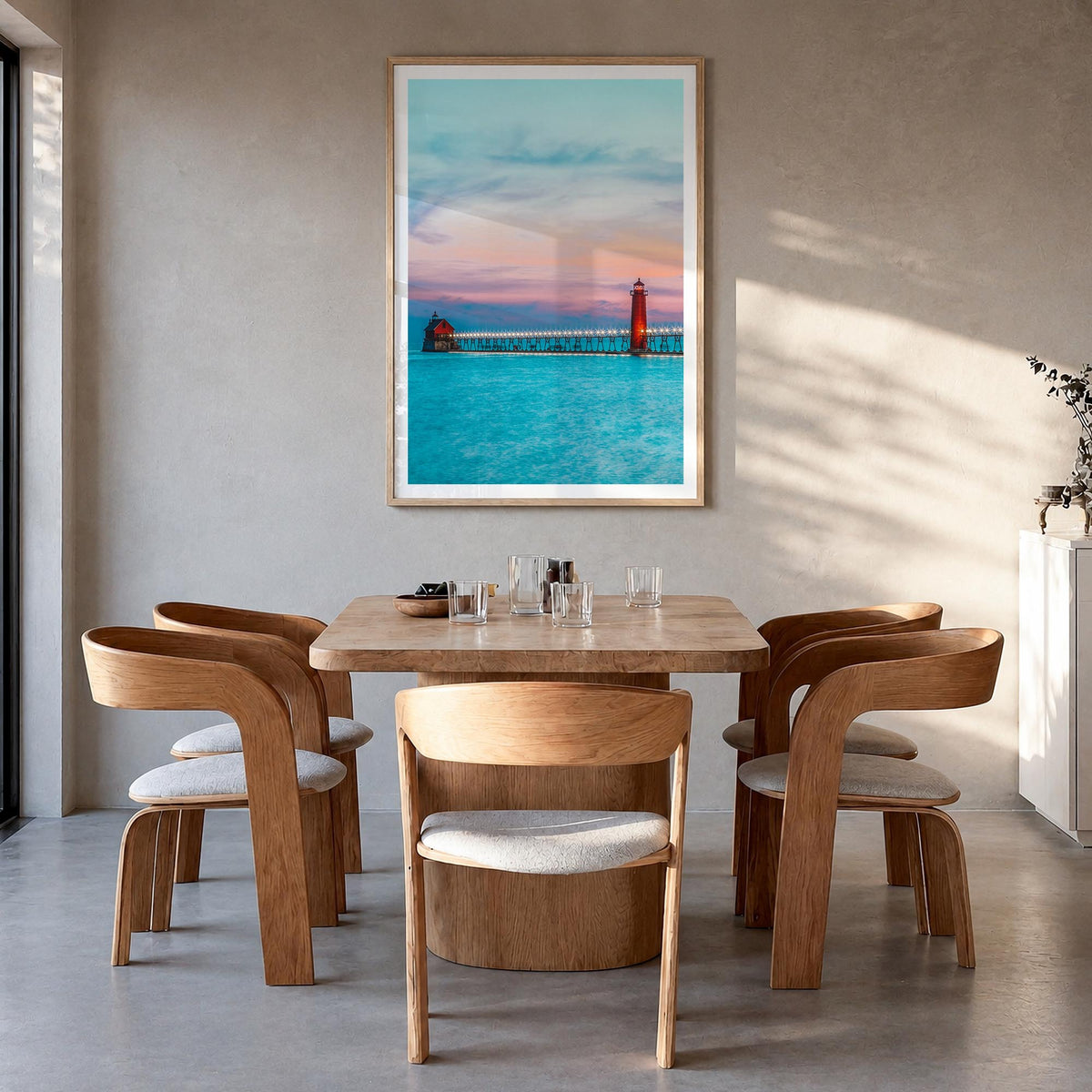 Grand Haven colorful photo poster of Michigan, USA – vertical wall art in natural wood frame with white border, hanging on wa