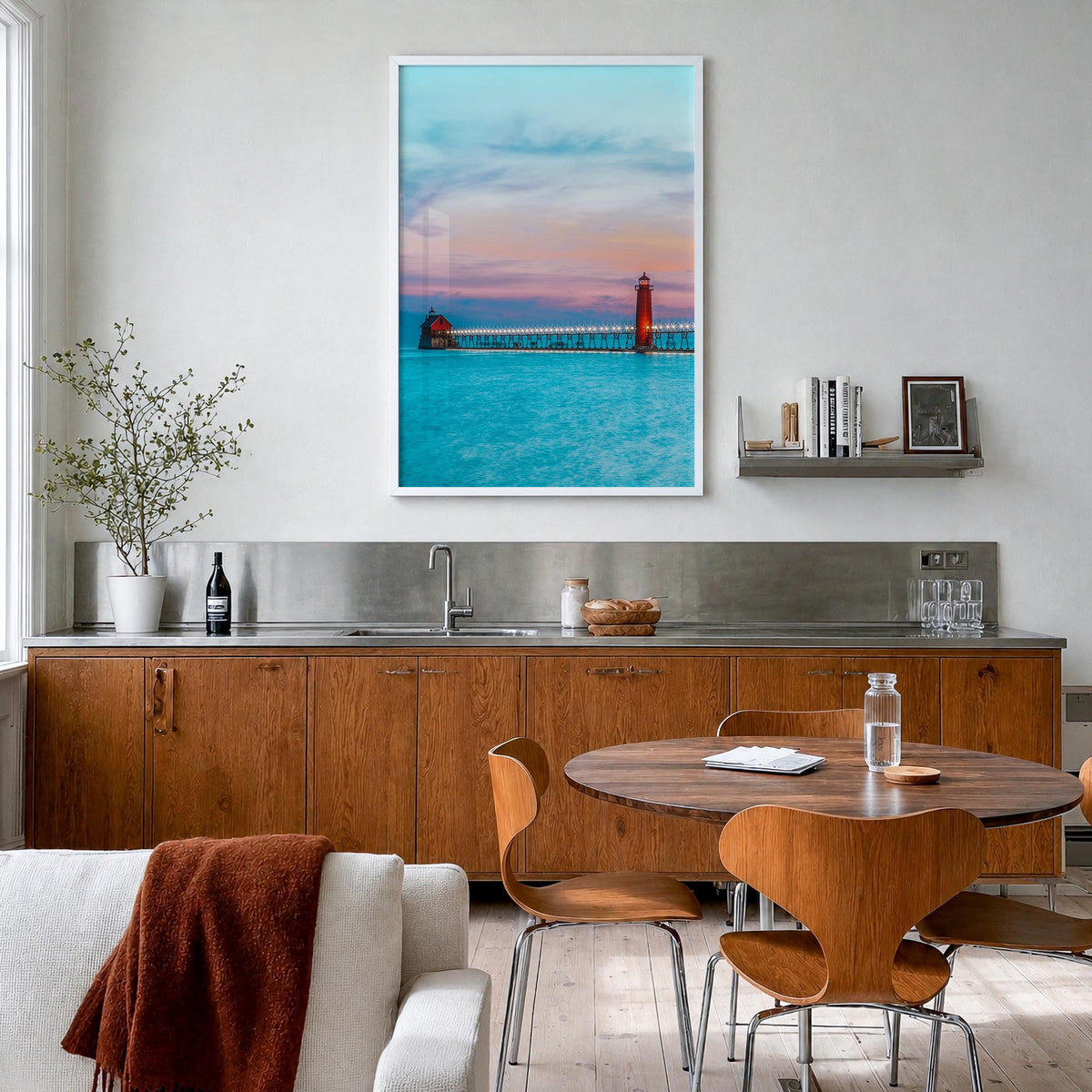 Grand Haven colorful photo poster of Michigan, USA – vertical wall art in white wood frame, hanging on wall