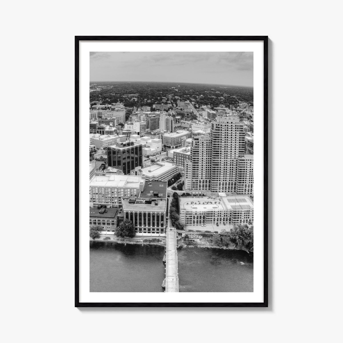 Grand Rapids black & white photo poster of Michigan, USA – vertical wall art, unframed print shown in interior mockup