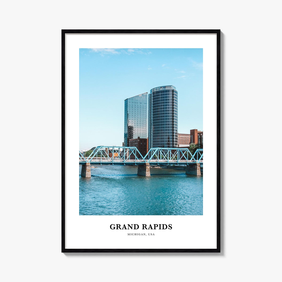 Grand Rapids colorful classic poster of Michigan, USA – vertical wall art, unframed print shown in interior mockup
