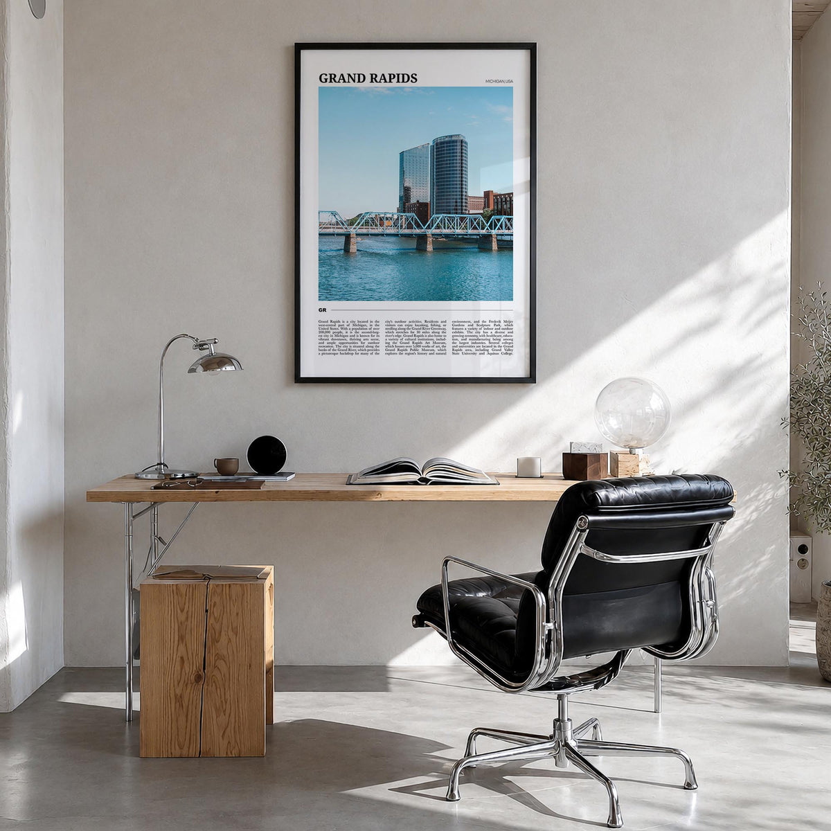 Grand Rapids colorful travel poster of Michigan, USA – vertical wall art in black wood frame, hanging on wall