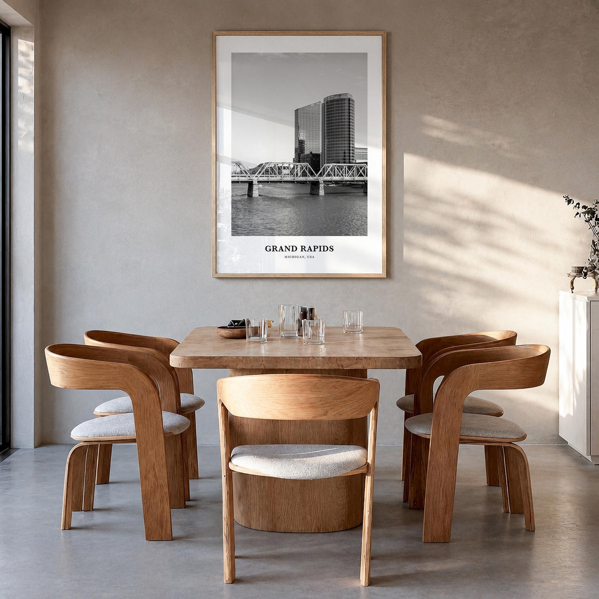 Grand Rapids no. 1 black & white classic poster of Michigan, USA – vertical wall art in natural wood frame, hanging on wall
