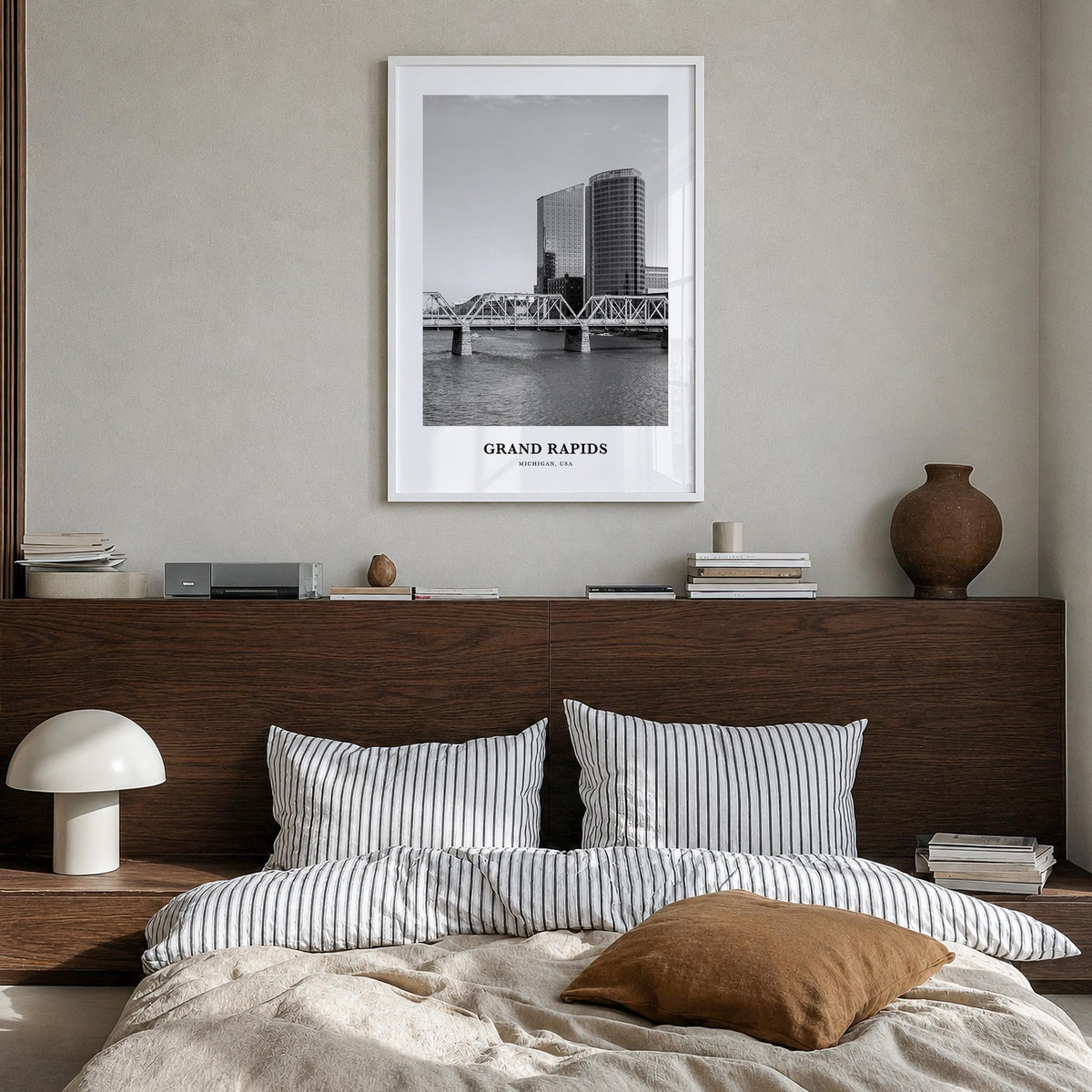 Grand Rapids no. 1 black & white classic poster of Michigan, USA – vertical wall art in white wood frame, hanging on wall