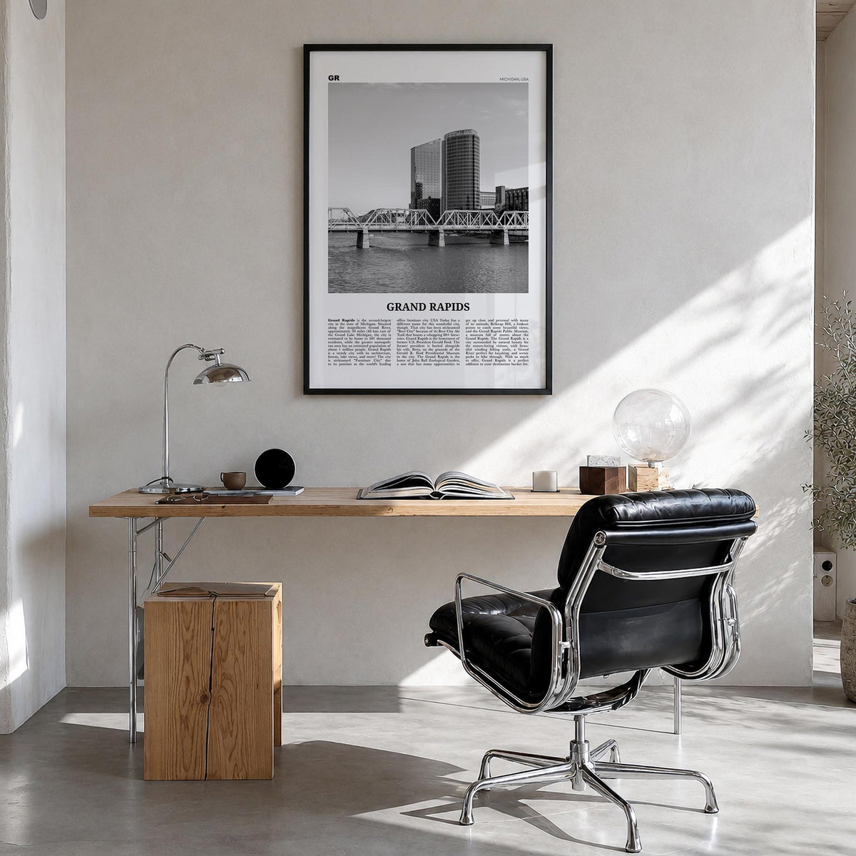 Grand Rapids no. 1 black & white newspaper poster of Michigan, USA – vertical wall art in black wood frame, hanging on wall