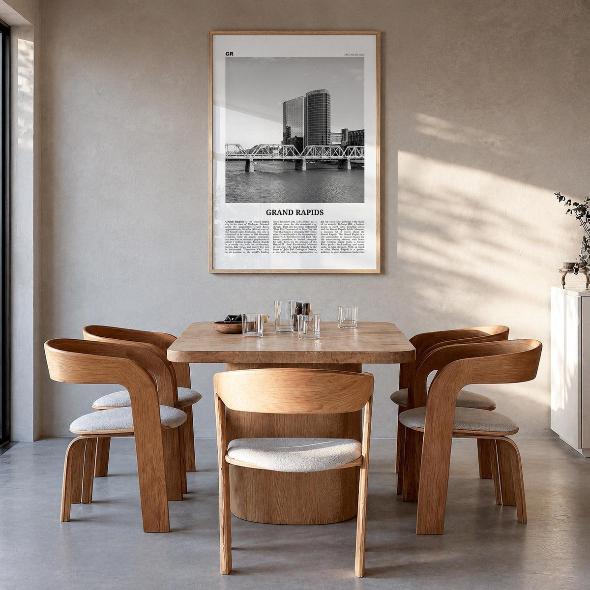 Grand Rapids no. 1 black & white newspaper poster of Michigan, USA – vertical wall art in natural wood frame, hanging on wall