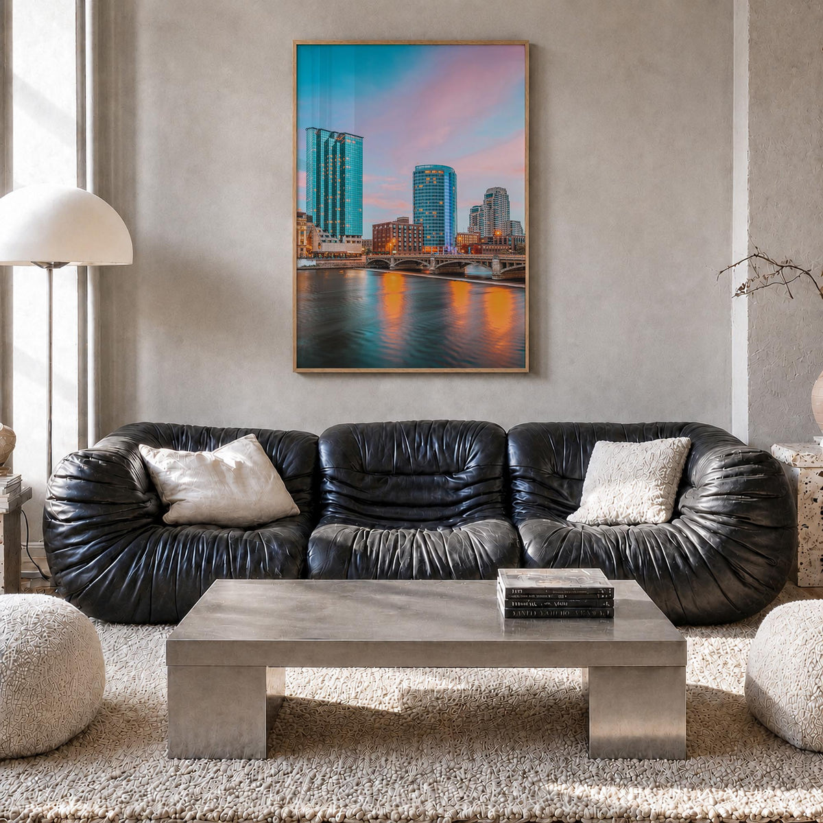 Grand Rapids no. 1 colorful photo poster of Michigan, USA – vertical wall art in natural wood frame, hanging on wall
