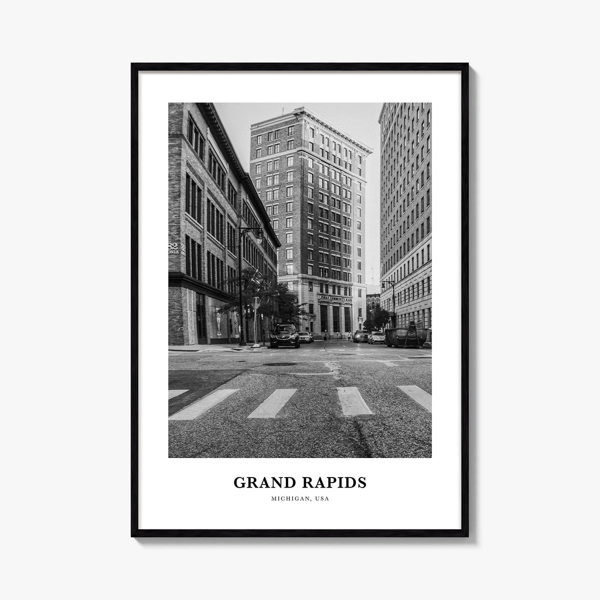 Grand Rapids no. 2 black & white classic poster of Michigan, USA – vertical wall art, unframed print shown in interior mockup