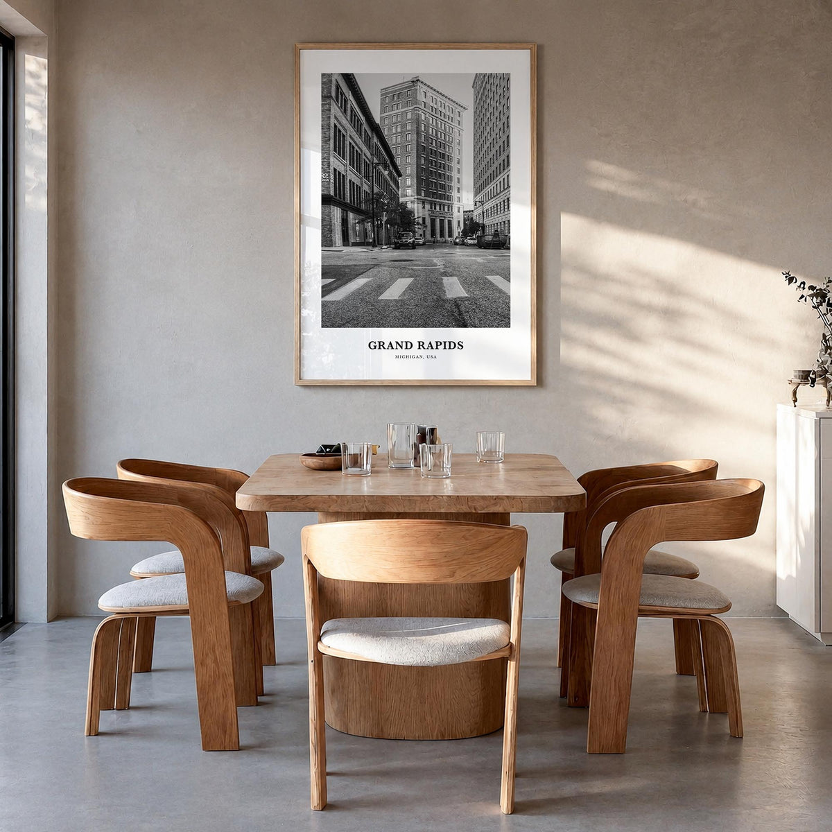 Grand Rapids no. 2 black & white classic poster of Michigan, USA – vertical wall art in natural wood frame, hanging on wall