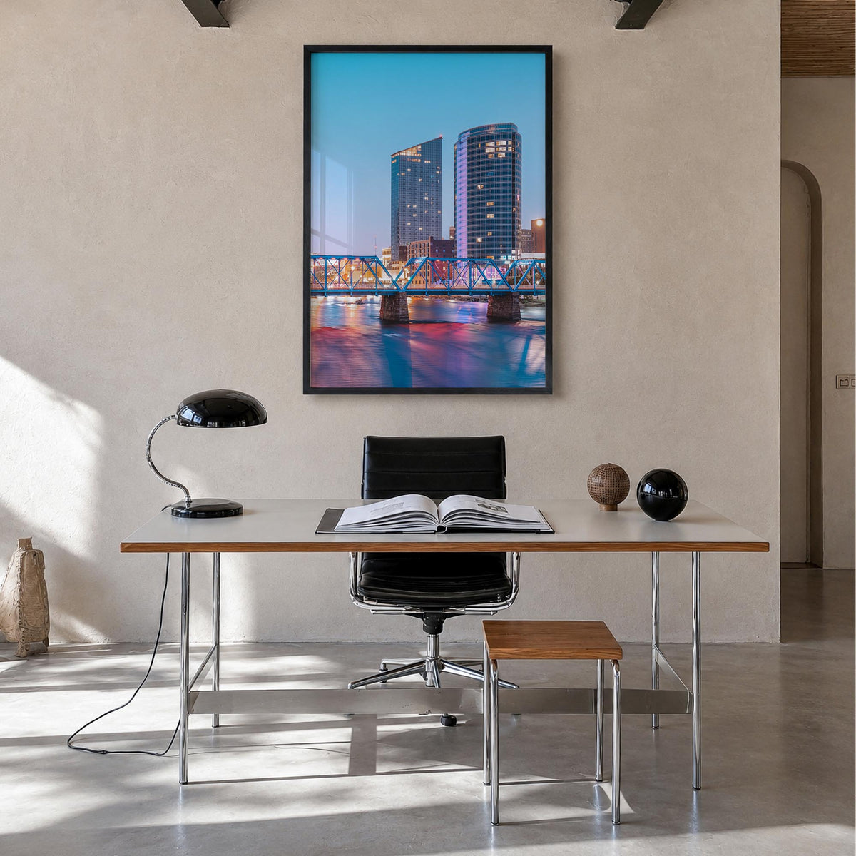 Grand Rapids no. 2 colorful photo poster of Michigan, USA – vertical wall art in black wood frame, hanging on wall