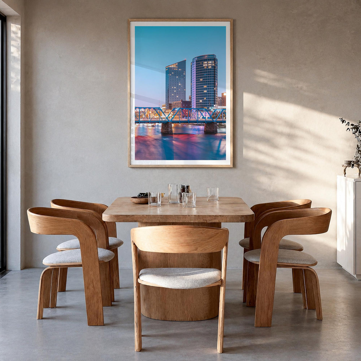Grand Rapids no. 2 colorful photo poster of Michigan, USA – vertical wall art in natural wood frame with white border, hangin