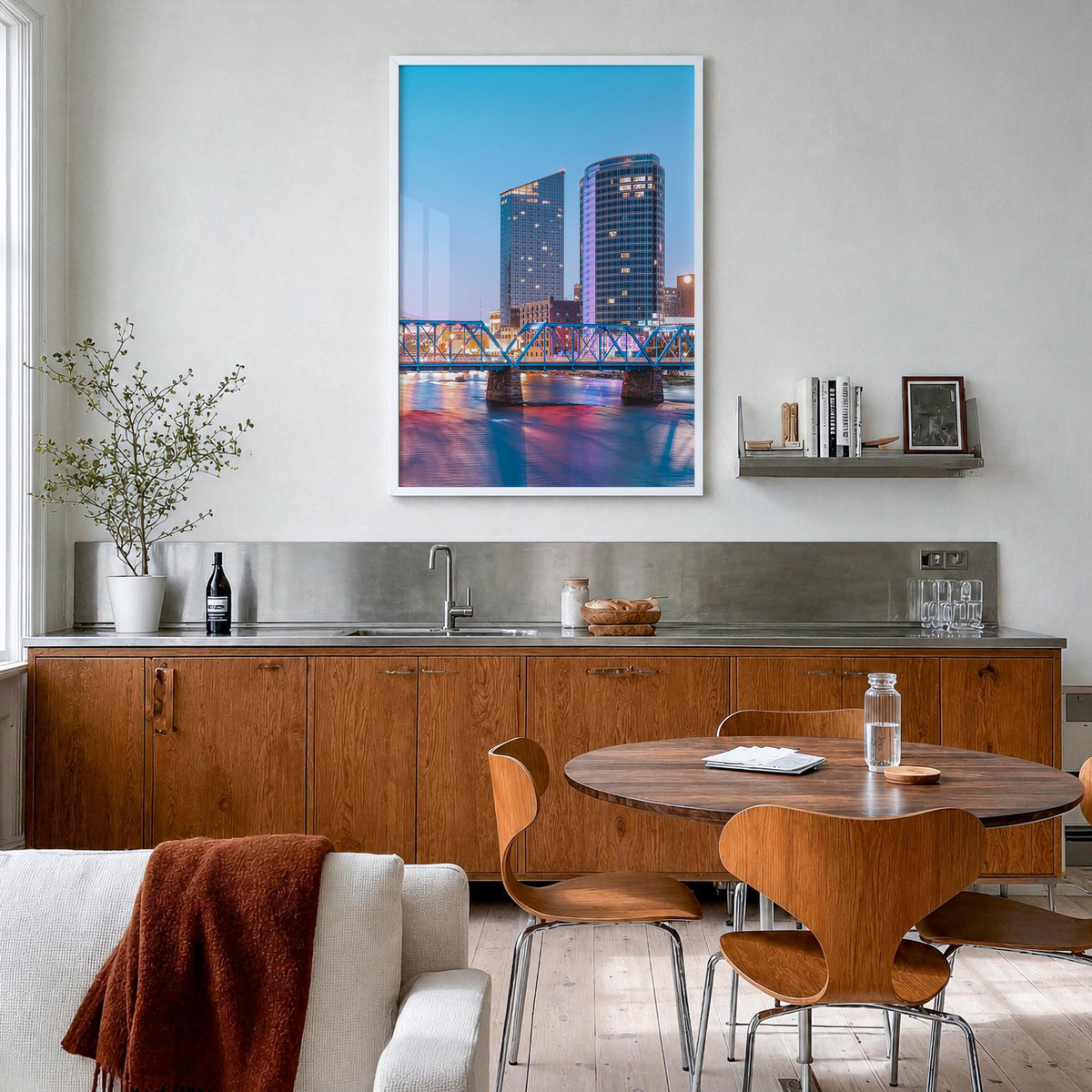 Grand Rapids no. 2 colorful photo poster of Michigan, USA – vertical wall art in white wood frame, hanging on wall