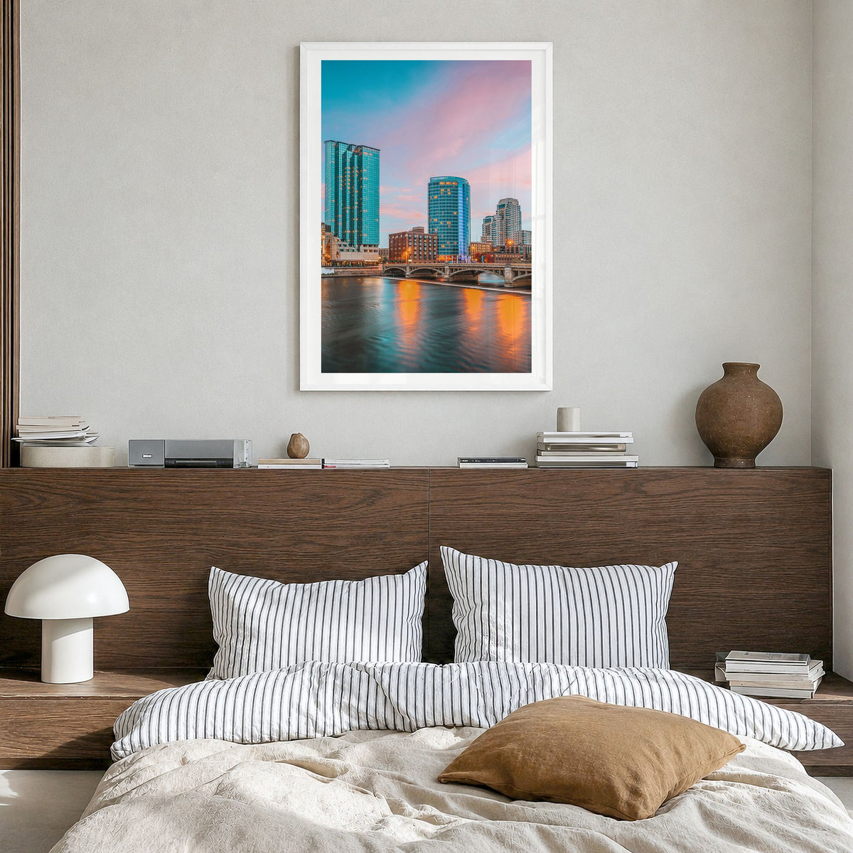 Grand Rapids Photo No 1 Poster in a white wood frame, hanging in a bedroom, white border