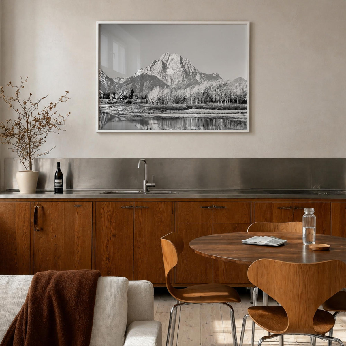 Grand Teton National Park black & white photo poster of Wyoming, USA – horizontal wall art in white wood frame, hanging on wa