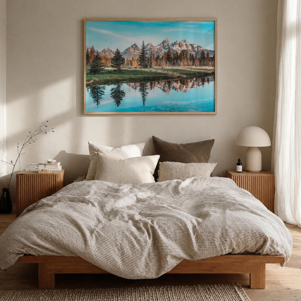 Grand Teton National Park colorful photo poster of Wyoming, USA – horizontal wall art in natural wood frame, hanging on wall