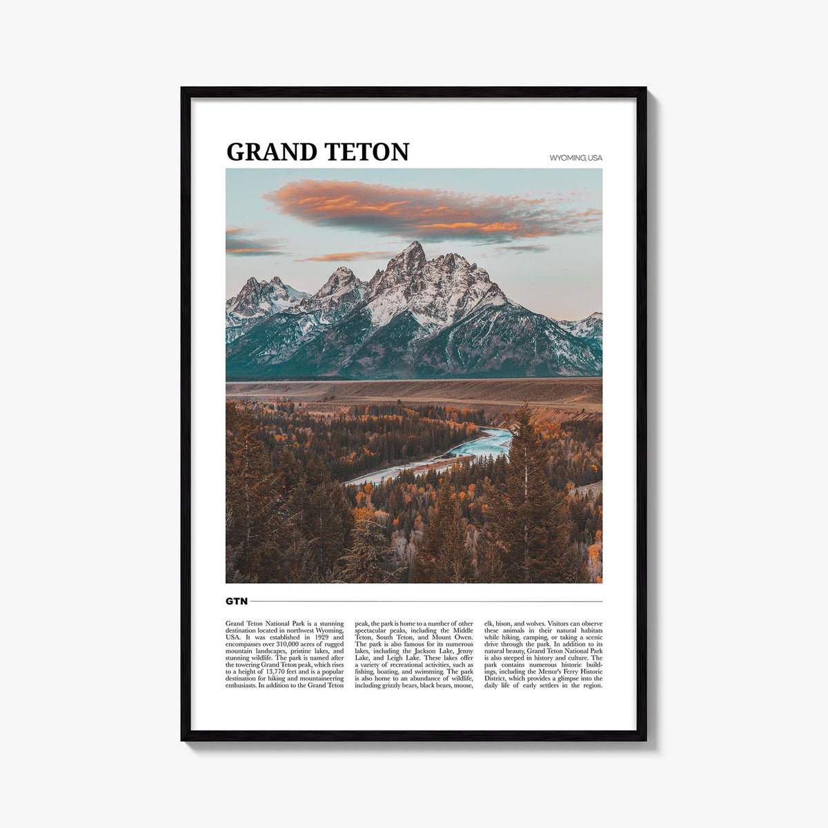 Grand Teton National Park colorful travel poster of Wyoming, USA – vertical wall art, unframed print shown in interior mockup