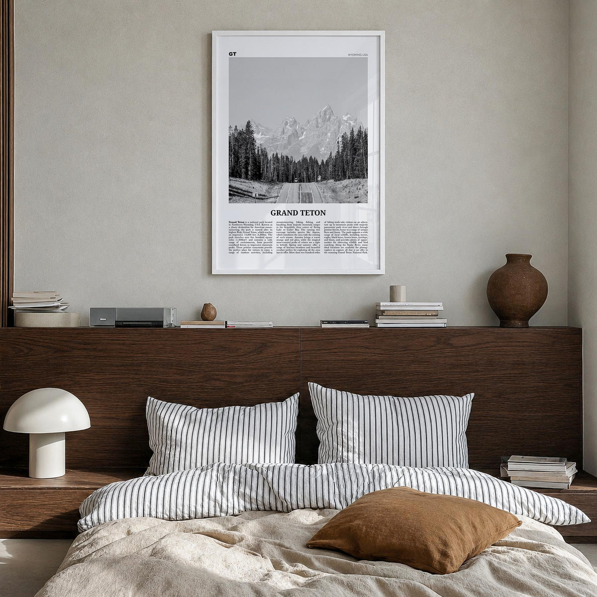 Grand Teton National Park no. 1 black & white newspaper poster of Wyoming, USA – vertical wall art in white wood frame, hangi