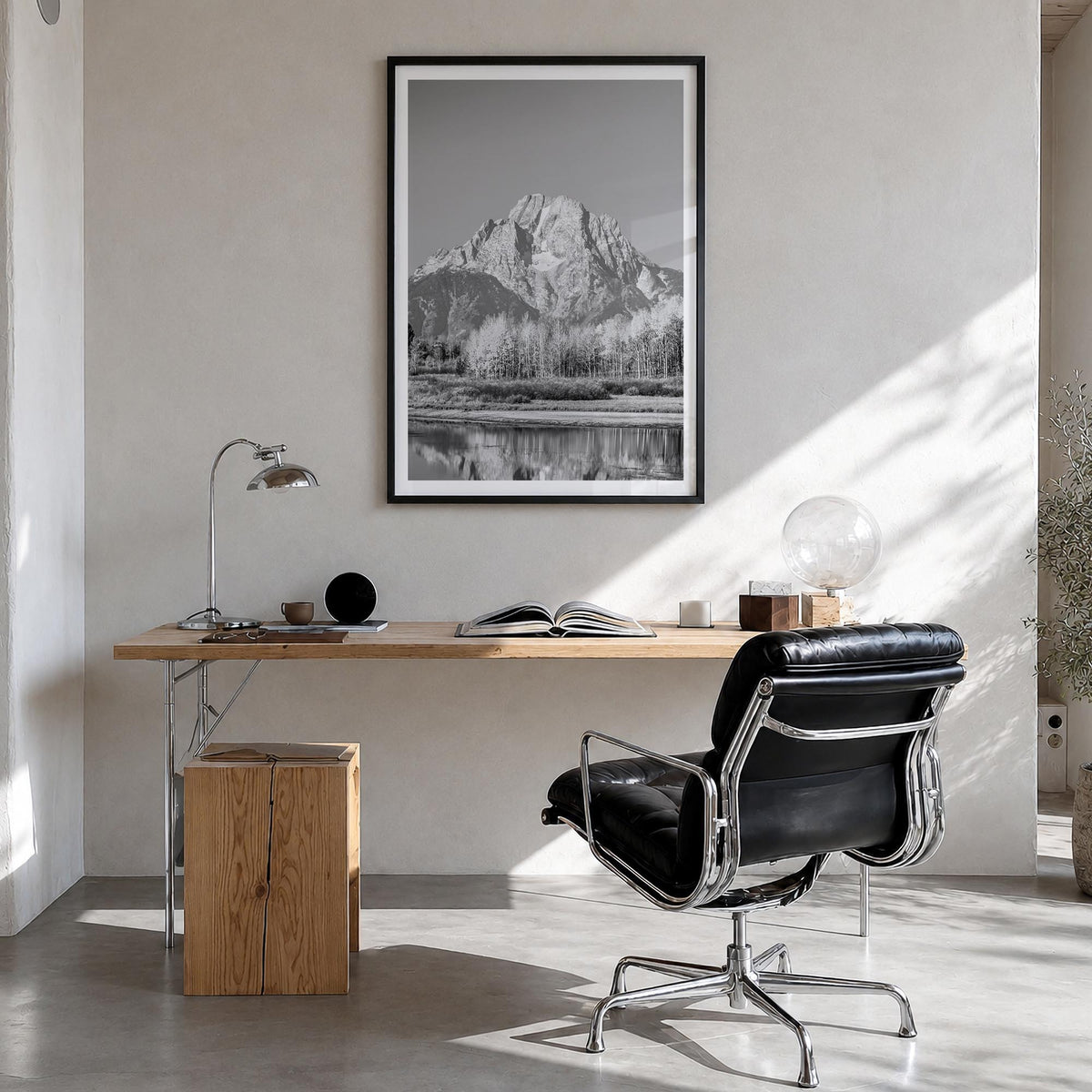 Grand Teton National Park no. 2 black & white photo poster of Wyoming, USA – vertical wall art in black wood frame with white