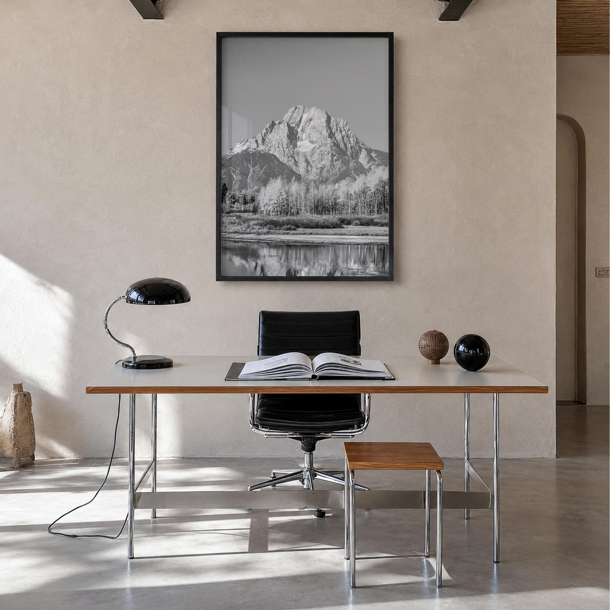 Grand Teton National Park no. 2 black & white photo poster of Wyoming, USA – vertical wall art in black wood frame, hanging o
