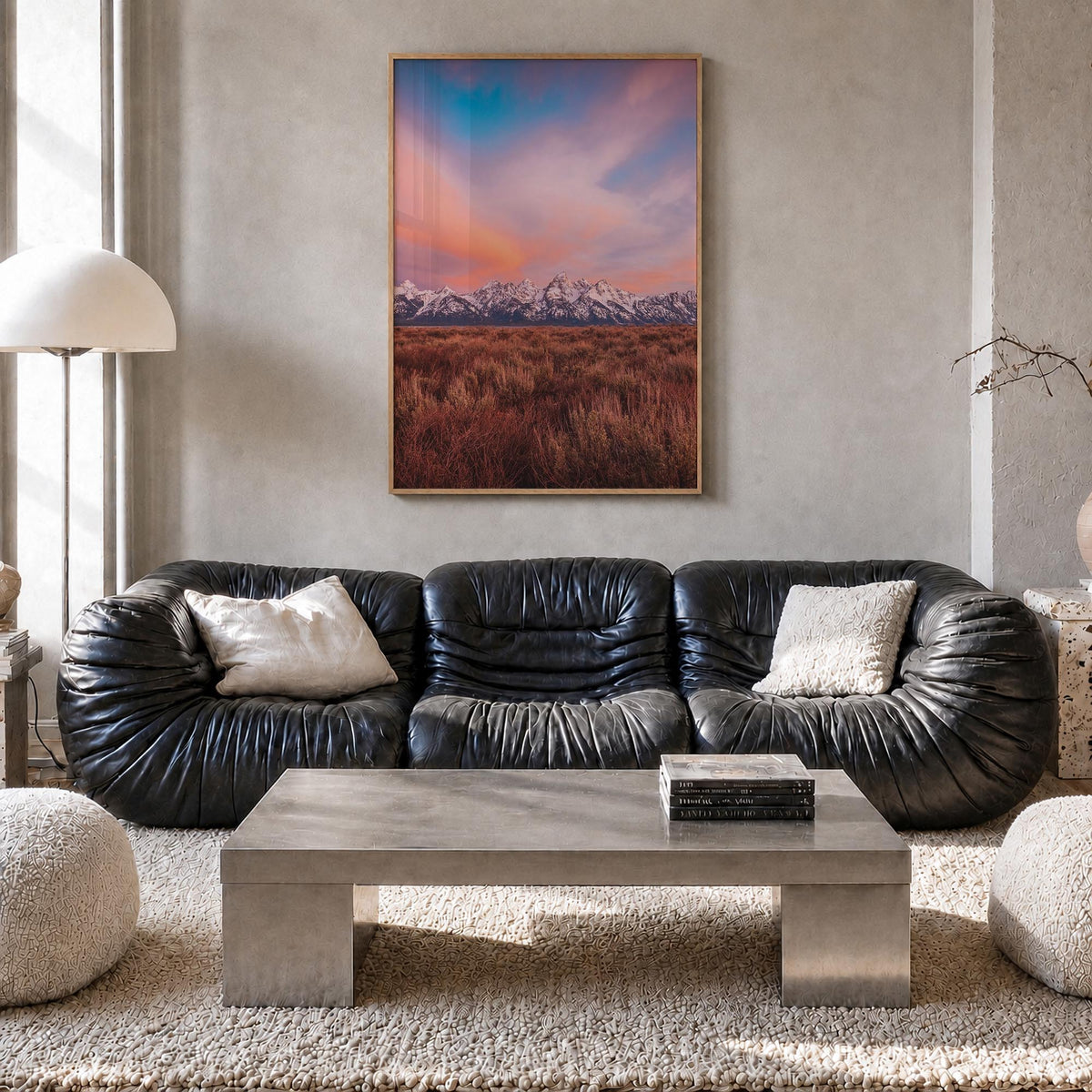 Grand Teton National Park no. 2 colorful photo poster of Wyoming, USA – vertical wall art in natural wood frame, hanging on w