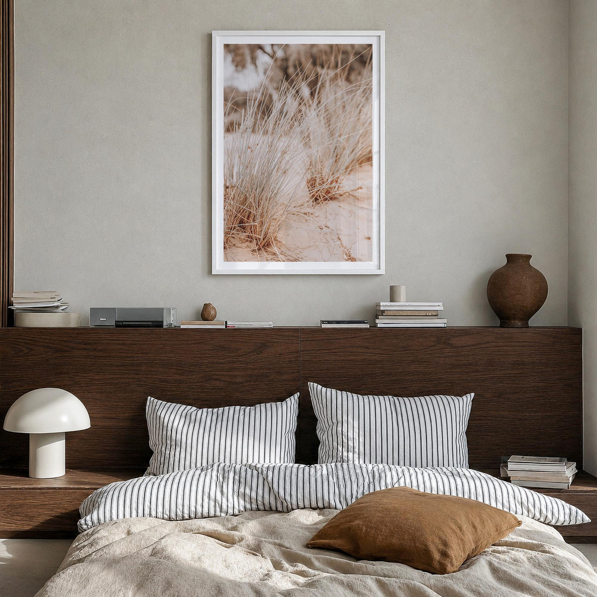Grass Growing Wild colorful photo poster – vertical wall art in white wood frame with white border, hanging on wall