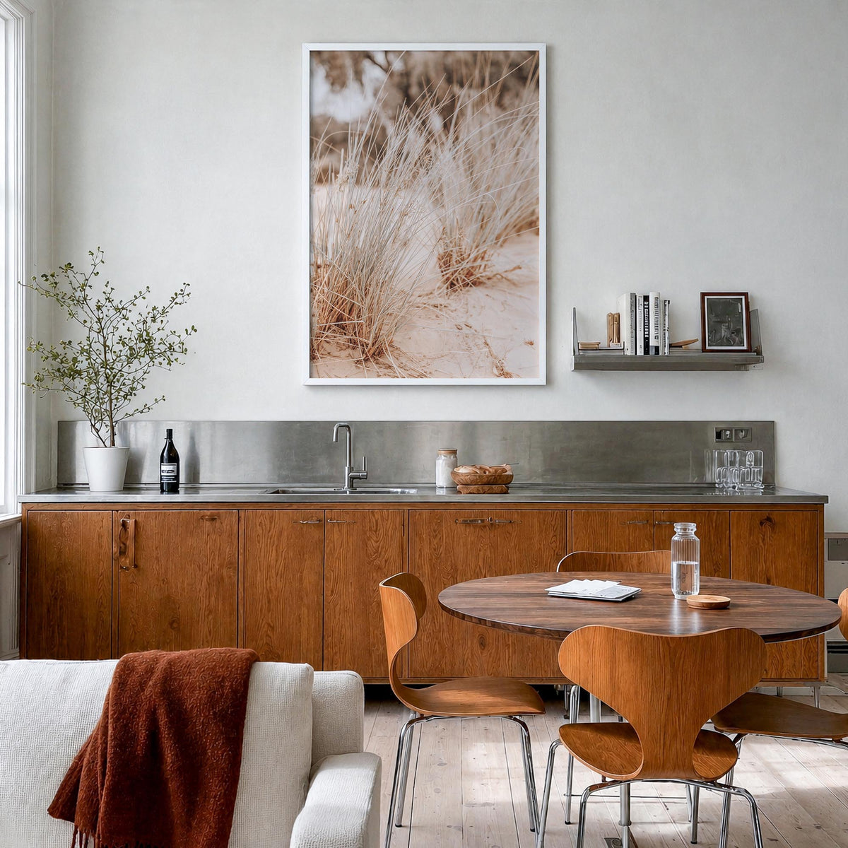 Grass Growing Wild colorful photo poster – vertical wall art in white wood frame, hanging on wall