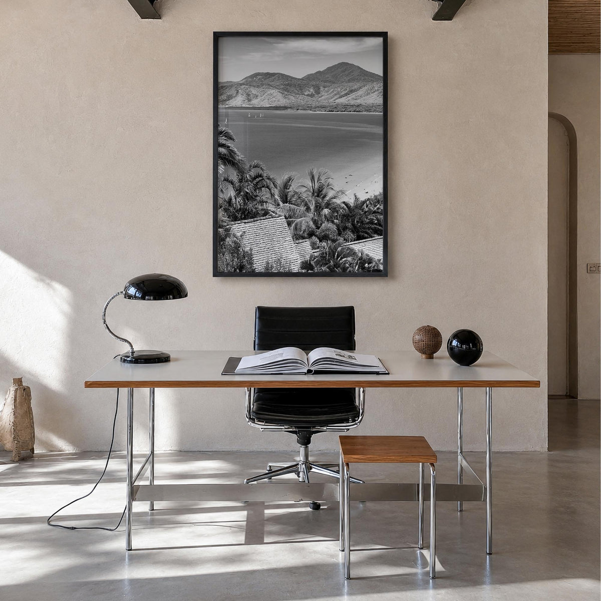 Great Barrier Reef black & white photo poster of Queensland, Australia – vertical wall art in black wood frame, hanging on wa