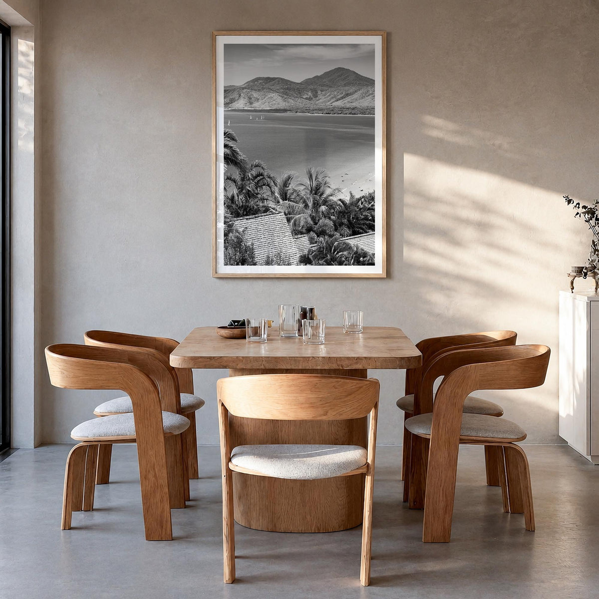 Great Barrier Reef black & white photo poster of Queensland, Australia – vertical wall art in natural wood frame with white b