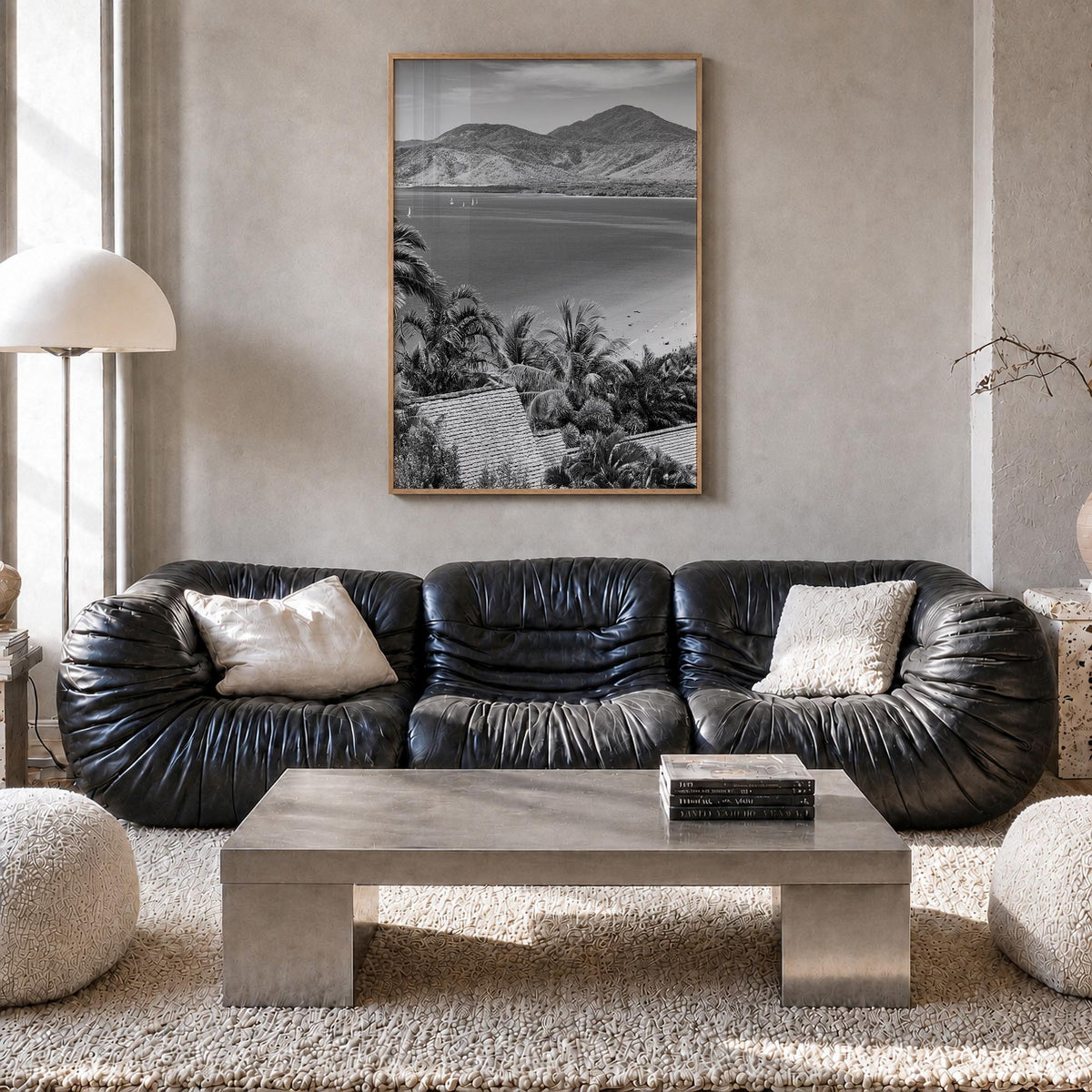 Great Barrier Reef black & white photo poster of Queensland, Australia – vertical wall art in natural wood frame, hanging on