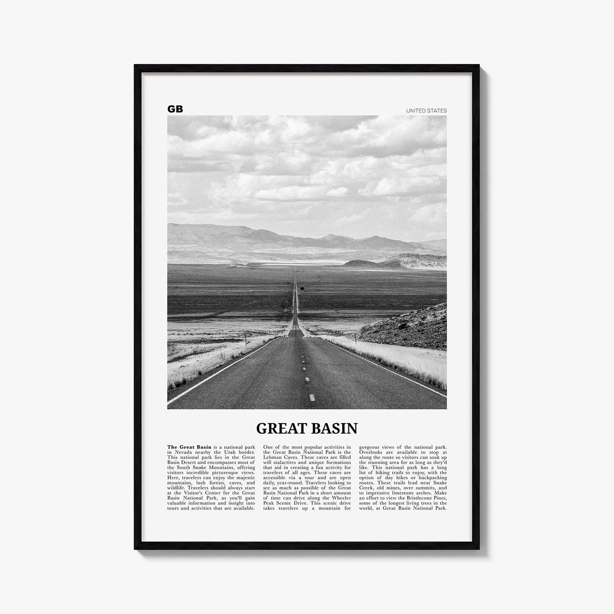 Great Basin black & white newspaper poster of Nevada, USA – vertical wall art, unframed print shown in interior mockup