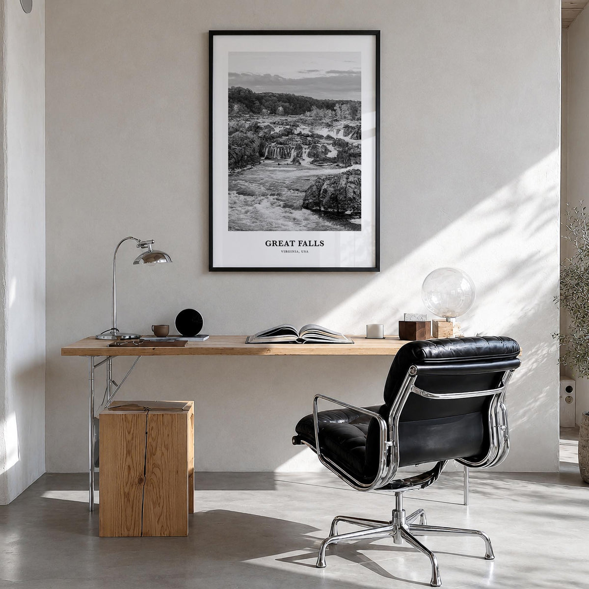 Great Falls, Virginia black & white classic poster of Virginia, USA – vertical wall art in black wood frame, hanging on wall